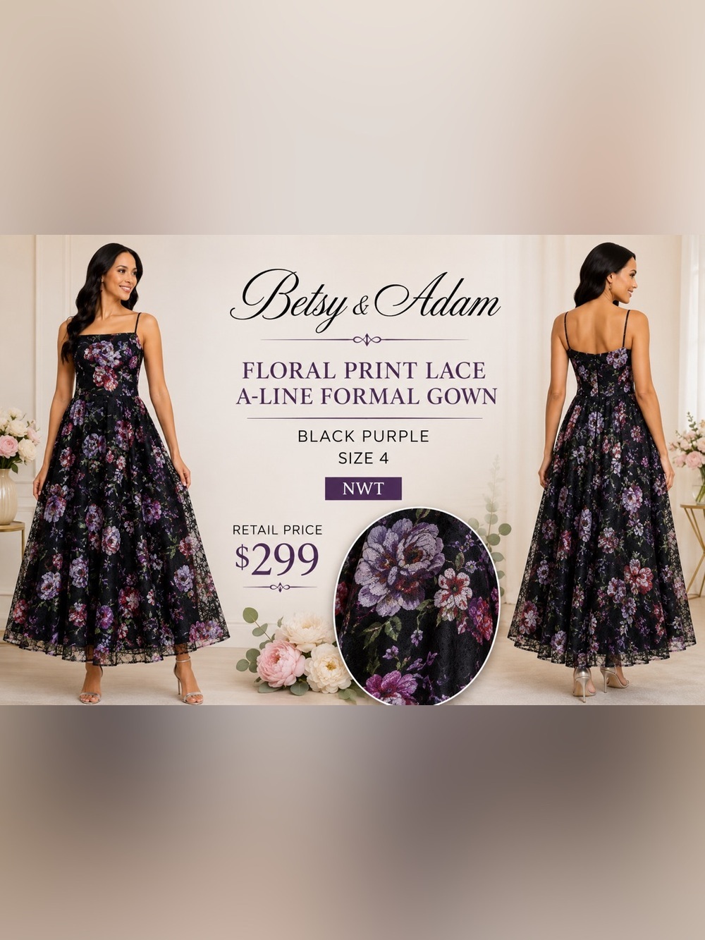 Betsy & Adam Floral Print Lace A-Line Formal Gown Dress Black Purple Size 4 NWT